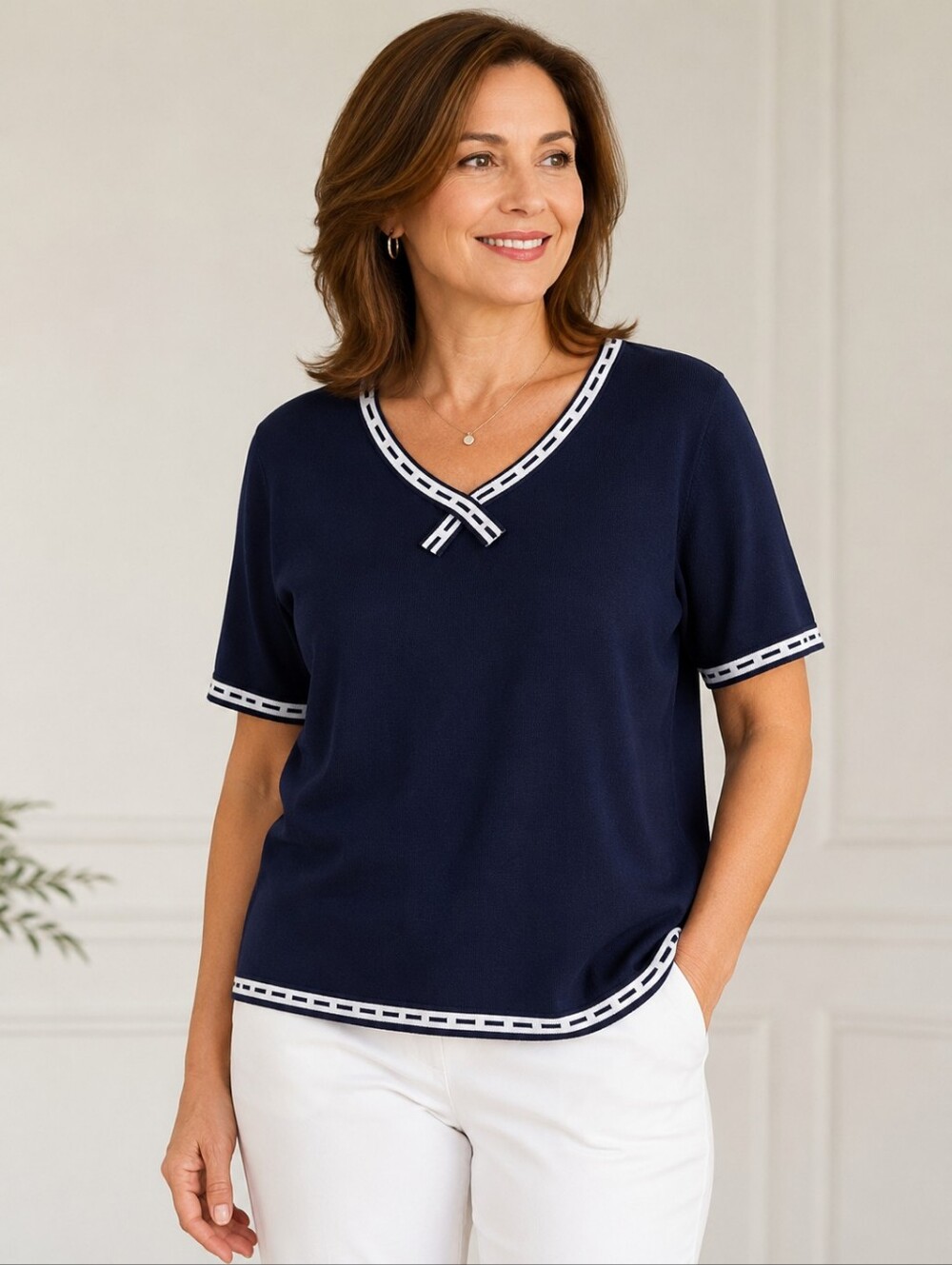 Alfred Dunner Navy Knit Sweater Top Contrast Trim Women's XL